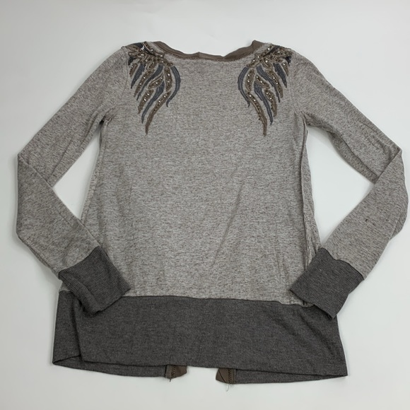 Miss Me Cardigan sweater XS Wings sequin Design Boho Earthy Button Style pockets - Picture 2 of 15